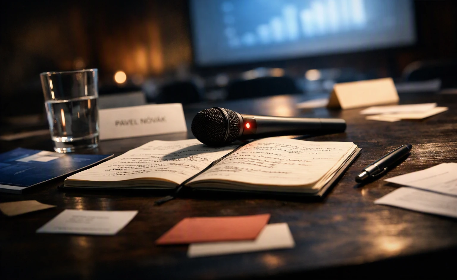 Microphone and notebook on a meeting table